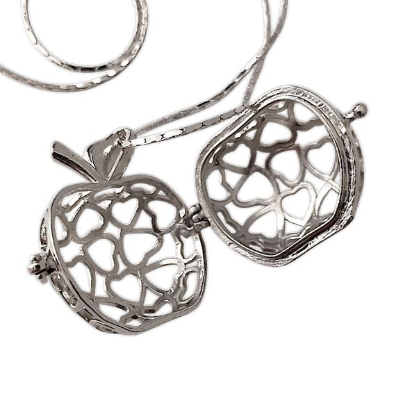 Vintage Apple Pendant Necklace Open Work Filigree Cage Clasp Opens Silver Tone. - Picture 5 of 16